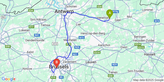 Map: Brussels Midi Train Station to Olen