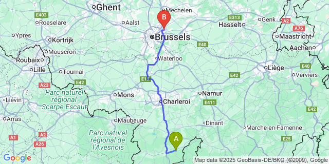 Map: Brussels Zaventem Airport (BRU) to Olloy-Sur-Viroin
