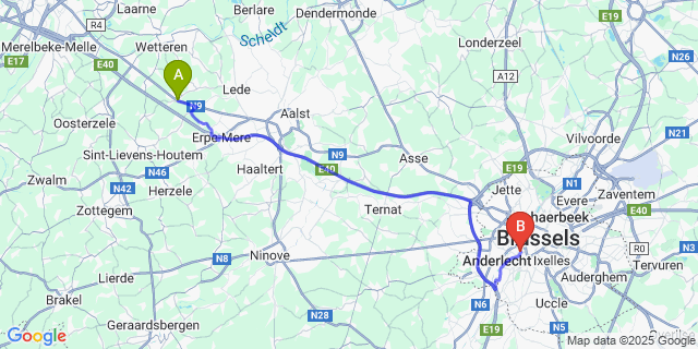 Map: Brussels Midi Train Station to Oordegem