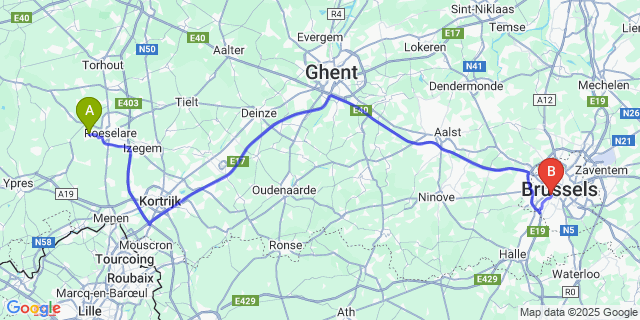 Map: Brussels Midi Train Station to Oostnieuwkerke