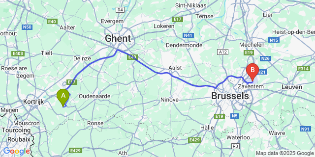 Map: Brussels Zaventem Airport (BRU) to Otegem