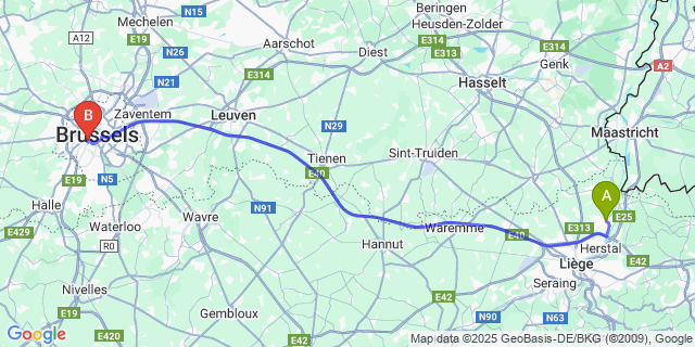 Map: Brussels Midi Train Station to Oupeye