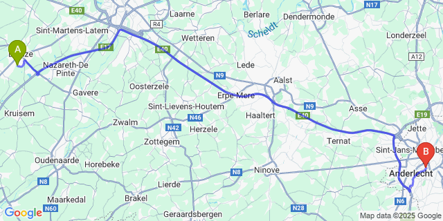 Map: Brussels Midi Train Station to Petegem-aan-de-leie