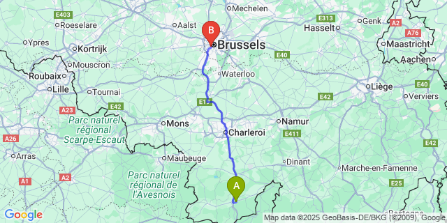 Map: Brussels Midi Train Station to Petigny