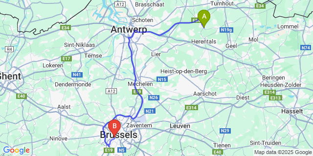 Map: Brussels Midi Train Station to Poederlee