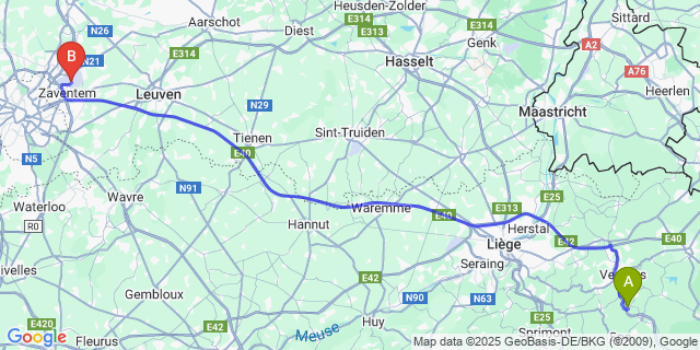 Map: Brussels Zaventem Airport (BRU) to Polleur