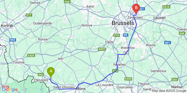 Map: Brussels Zaventem Airport (BRU) to Quevaucamps
