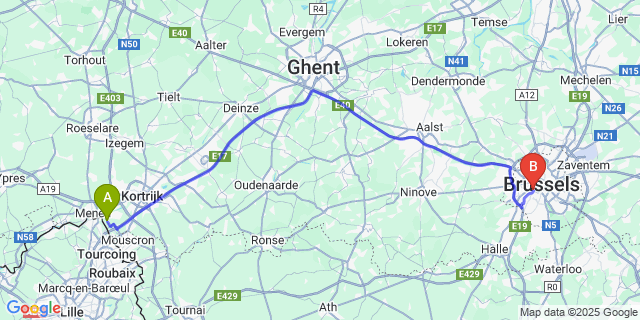 Map: Brussels Midi Train Station to Rekkem