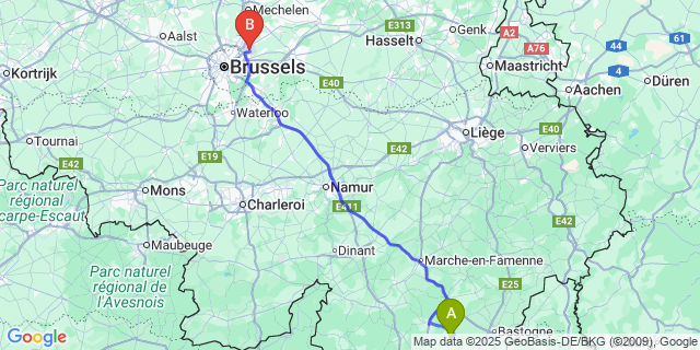 Map: Brussels Zaventem Airport (BRU) to Remagne