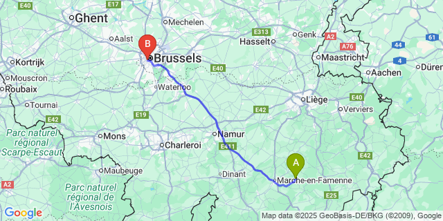 Map: Brussels Midi Train Station to Rendeux