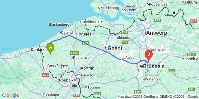 Map: Brussels Zaventem Airport (BRU) to Reninge