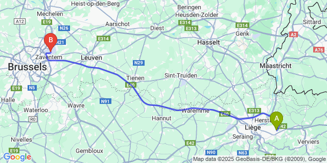 Map: Brussels Zaventem Airport (BRU) to Retinne