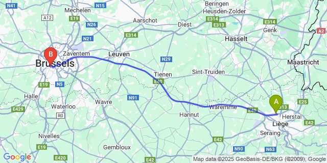 Map: Brussels Midi Train Station to Rocourt