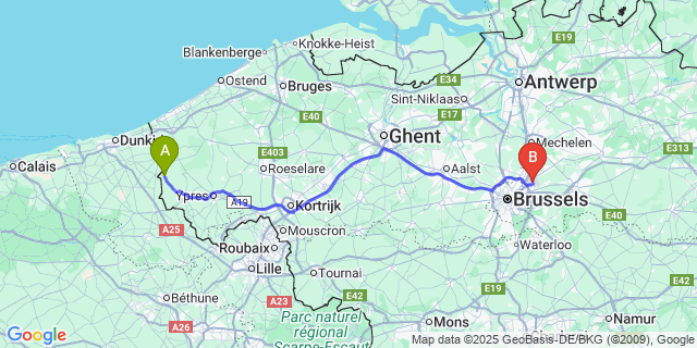 Map: Brussels Zaventem Airport (BRU) to Roesbrugge-Haringe