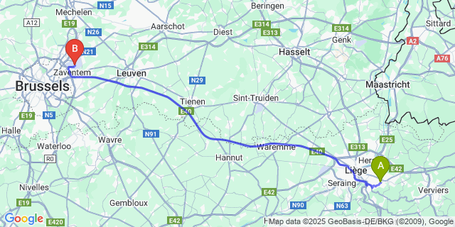 Map: Brussels Zaventem Airport (BRU) to Romsée
