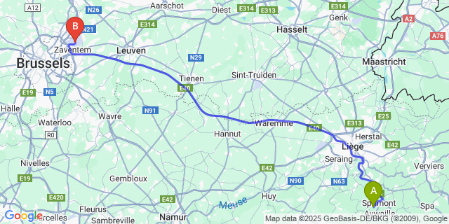 Map: Brussels Zaventem Airport (BRU) to Rouvreux