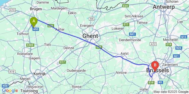 Map: Brussels Midi Train Station to Ruddervoorde