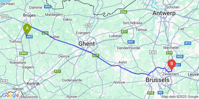 Map: Brussels Zaventem Airport (BRU) to Ruddervoorde