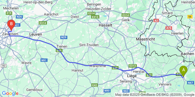 Map: Brussels Zaventem Airport (BRU) to Saive