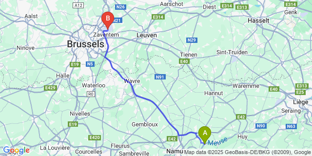 Map: Brussels Zaventem Airport (BRU) to Sclayn