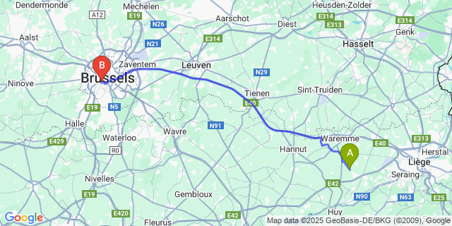Map: Brussels Midi Train Station to Seraing-Le-Château