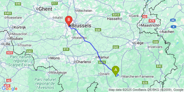 Map: Brussels Midi Train Station to Serinchamps