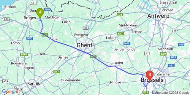 Map: Brussels Midi Train Station to Sijsele