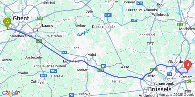 Map: Brussels Zaventem Airport (BRU) to Sint-Denijs-Westrem