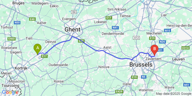 Map: Brussels Zaventem Airport (BRU) to Sint-Eloois-Vijve