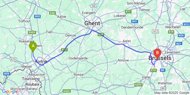 Map: Brussels Midi Train Station to Sint-Eloois-Winkel