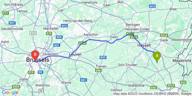Map: Brussels Midi Train Station to Sint-Huibrechts-Hern