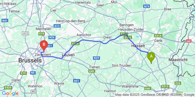 Map: Brussels Zaventem Airport (BRU) to Sint-Huibrechts-Hern