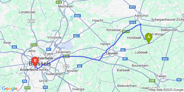 Map: Brussels Midi Train Station to Sint-Joris-Winge