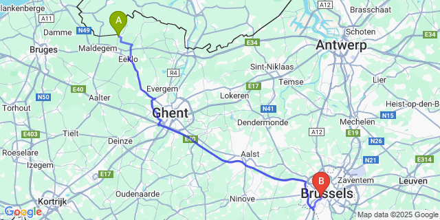 Map: Brussels Midi Train Station to Sint-Laureins