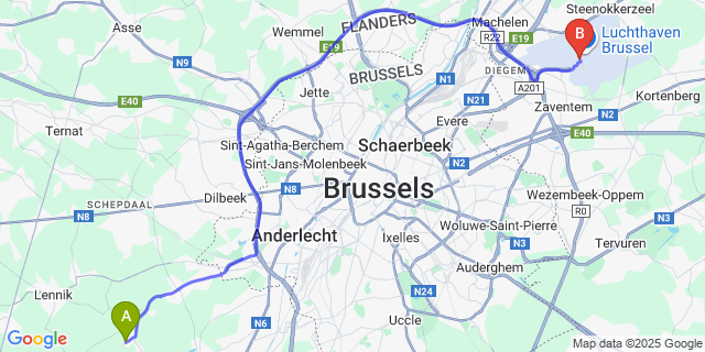 Map: Brussels Zaventem Airport (BRU) to Sint-Laureins-Berchem