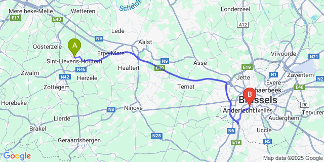 Map: Brussels Midi Train Station to Sint-Lievens-Houtem