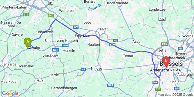 Map: Brussels Midi Train Station to Sint-Maria-Latem