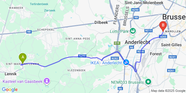 Map: Brussels Midi Train Station to Sint-Martens-Lennik