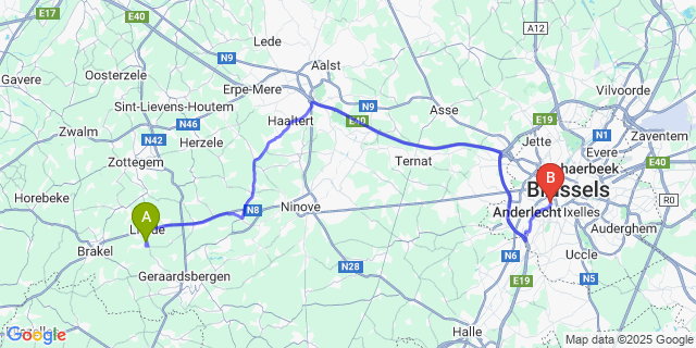 Map: Brussels Midi Train Station to Sint-Martens-Lierde