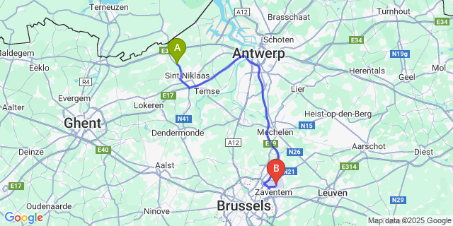 Map: Brussels Zaventem Airport (BRU) to Sint-Pauwels