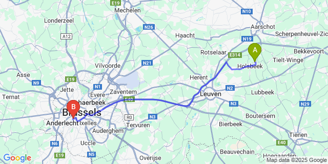 Map: Brussels Midi Train Station to Sint-Pieters-Rode