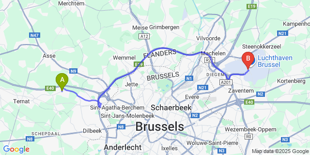 Map: Brussels Zaventem Airport (BRU) to Sint-Ulriks-Kapelle