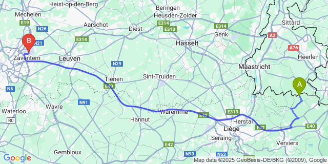 Map: Brussels Zaventem Airport (BRU) to Sippenaeken