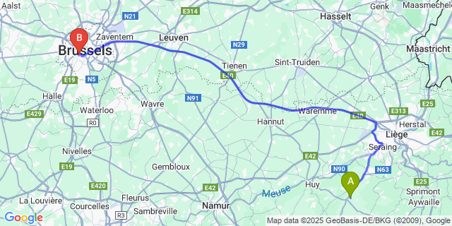 Map: Brussels Midi Train Station to Soheit-Tinlot
