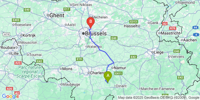 Map: Brussels Zaventem Airport (BRU) to Sosoye