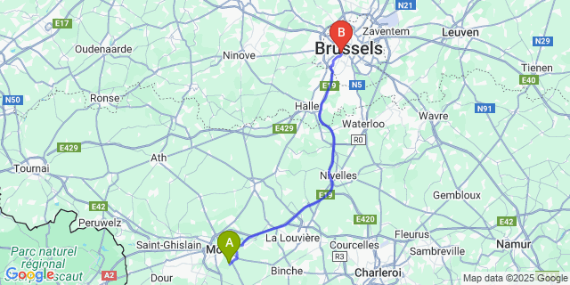 Map: Brussels Midi Train Station to Spiennes
