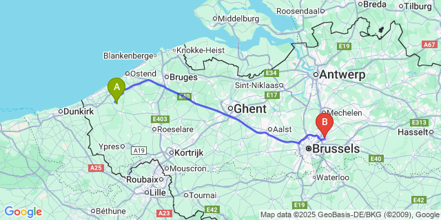Map: Brussels Zaventem Airport (BRU) to Stuivekenskerke