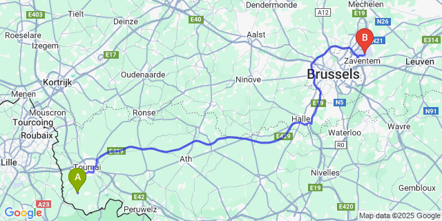 Map: Brussels Zaventem Airport (BRU) to Taintignies