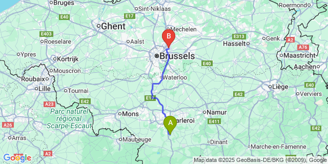 Map: Brussels Zaventem Airport (BRU) to Tarcienne