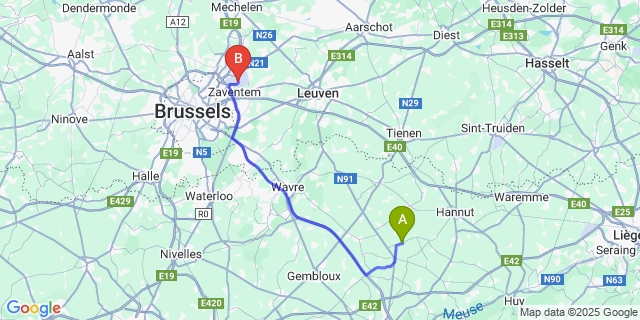 Map: Brussels Zaventem Airport (BRU) to Taviers